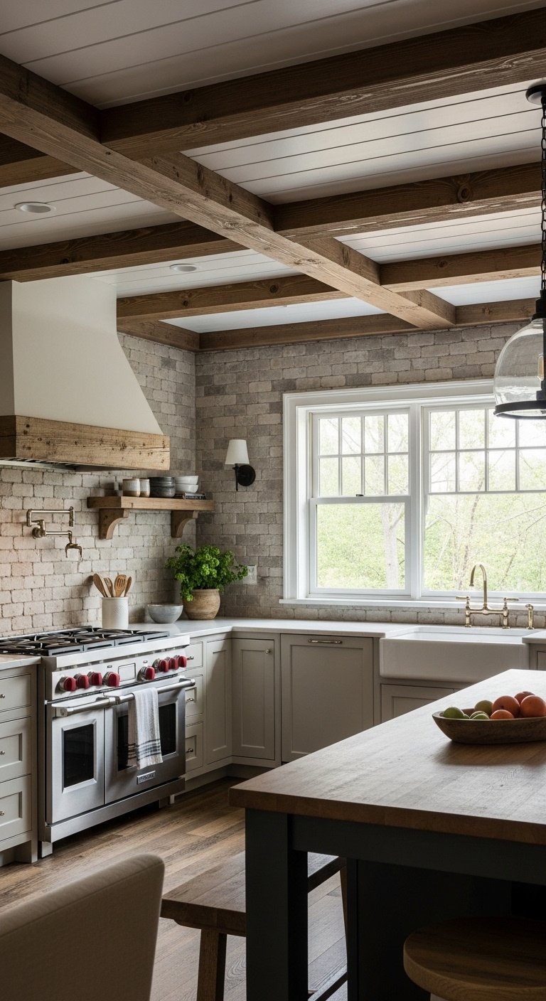Rustic cabin kitchen featuring exposed ceiling beams and a stone accent wall.