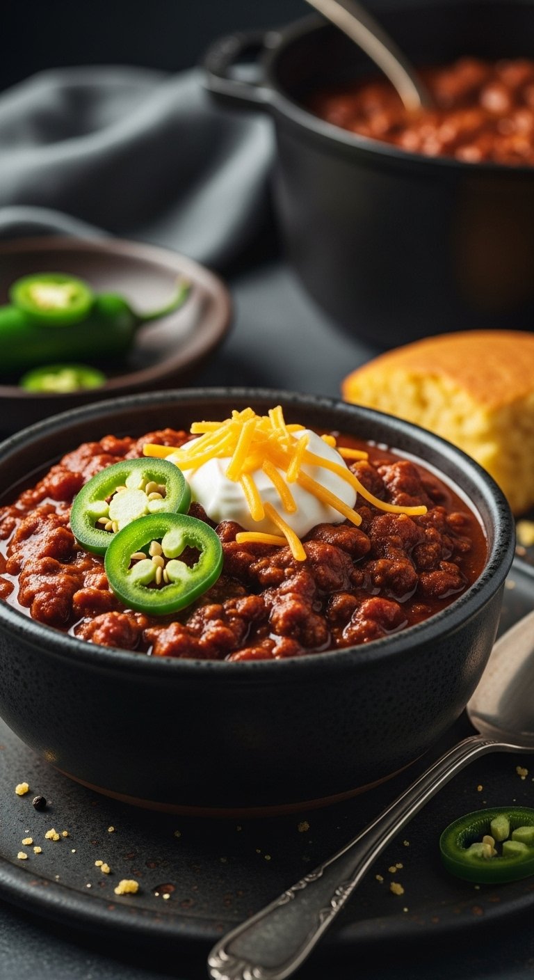 Rustic ceramic bowl of hearty beef chili topped with sour cream cheddar cheese jalapeño slices with cornbread and cast iron pot in background