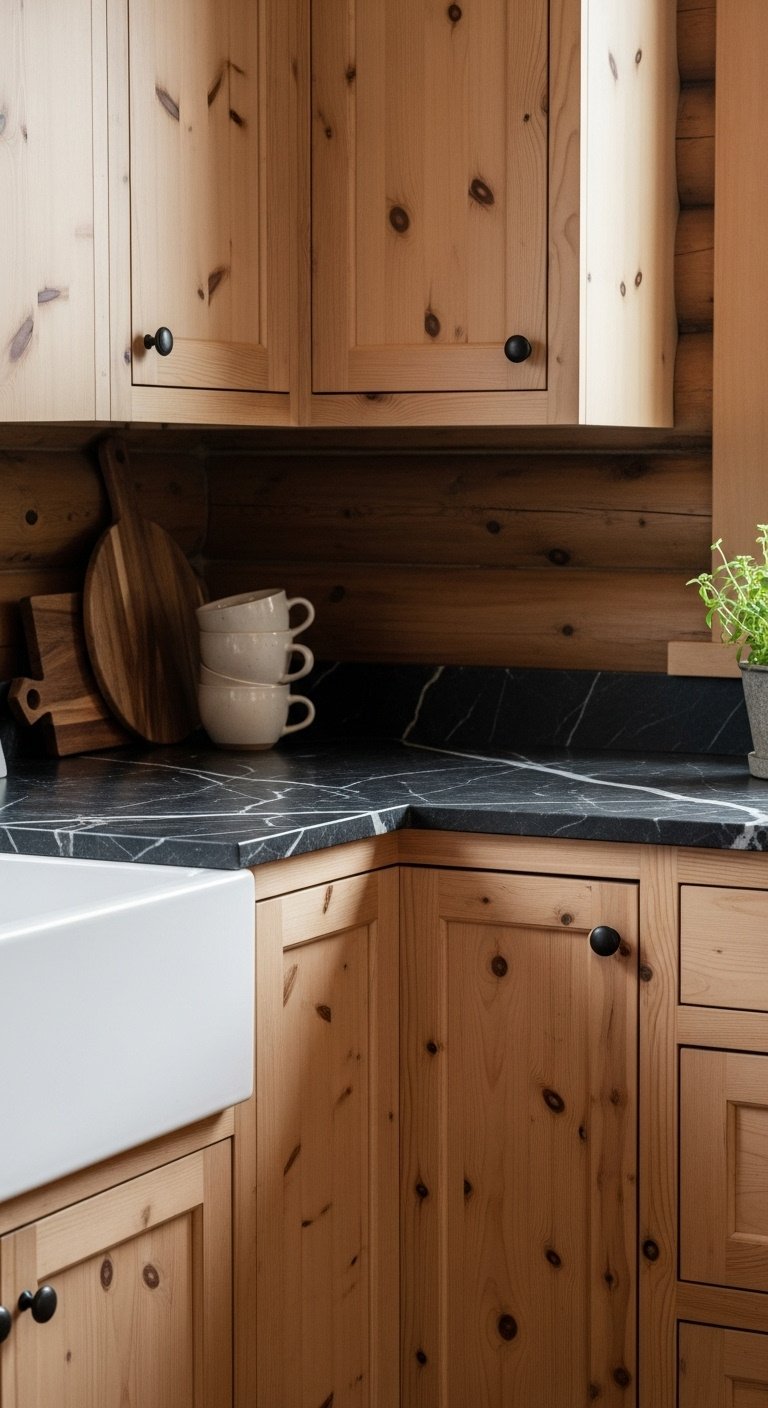 Rustic cozy cabin kitchen with knotty pine cabinets dark soapstone countertop ceramic mugs and potted herb under soft natural light