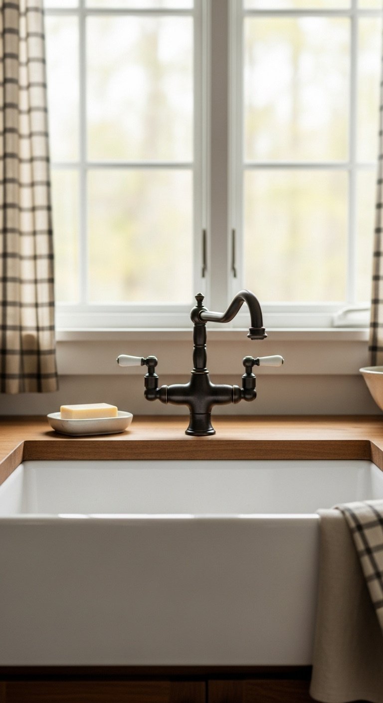 Rustic farmhouse sink with vintage oil-rubbed bronze faucet handmade soap and linen tea towel in a cozy cabin kitchen