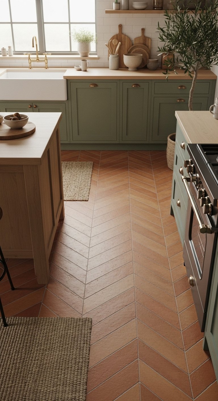Rustic-modern kitchen, sage green cabinets, warm terracotta tile floor, light wood island, woven rug, potted olive tree.