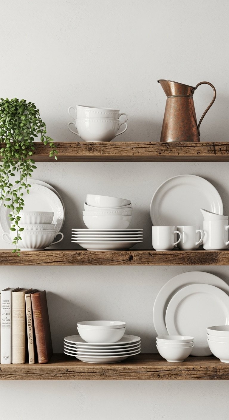 Rustic open shelves with white ceramic dishware old cookbooks and an antique copper pitcher in a cozy kitchen