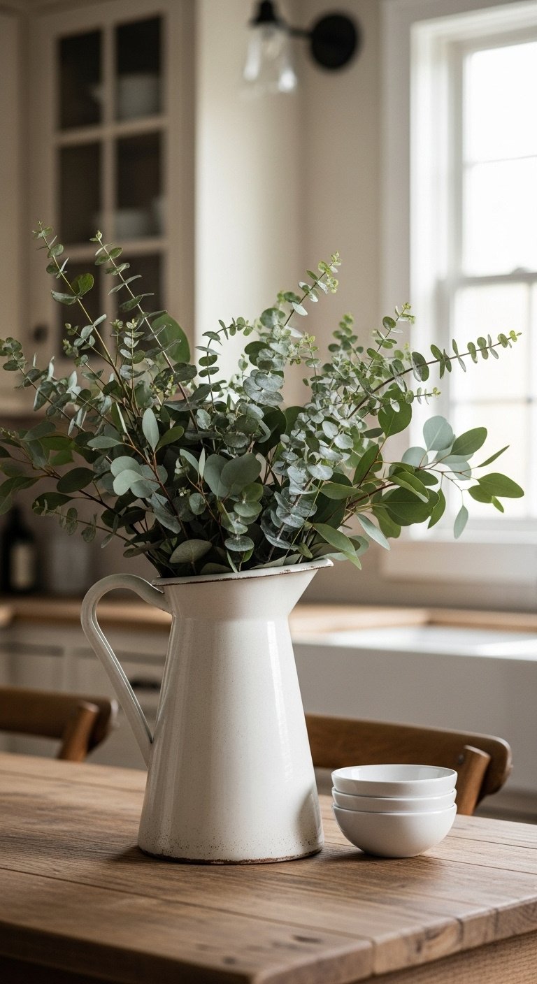 Rustic white ceramic pitcher with eucalyptus branches on a wood table with small white bowls in natural light