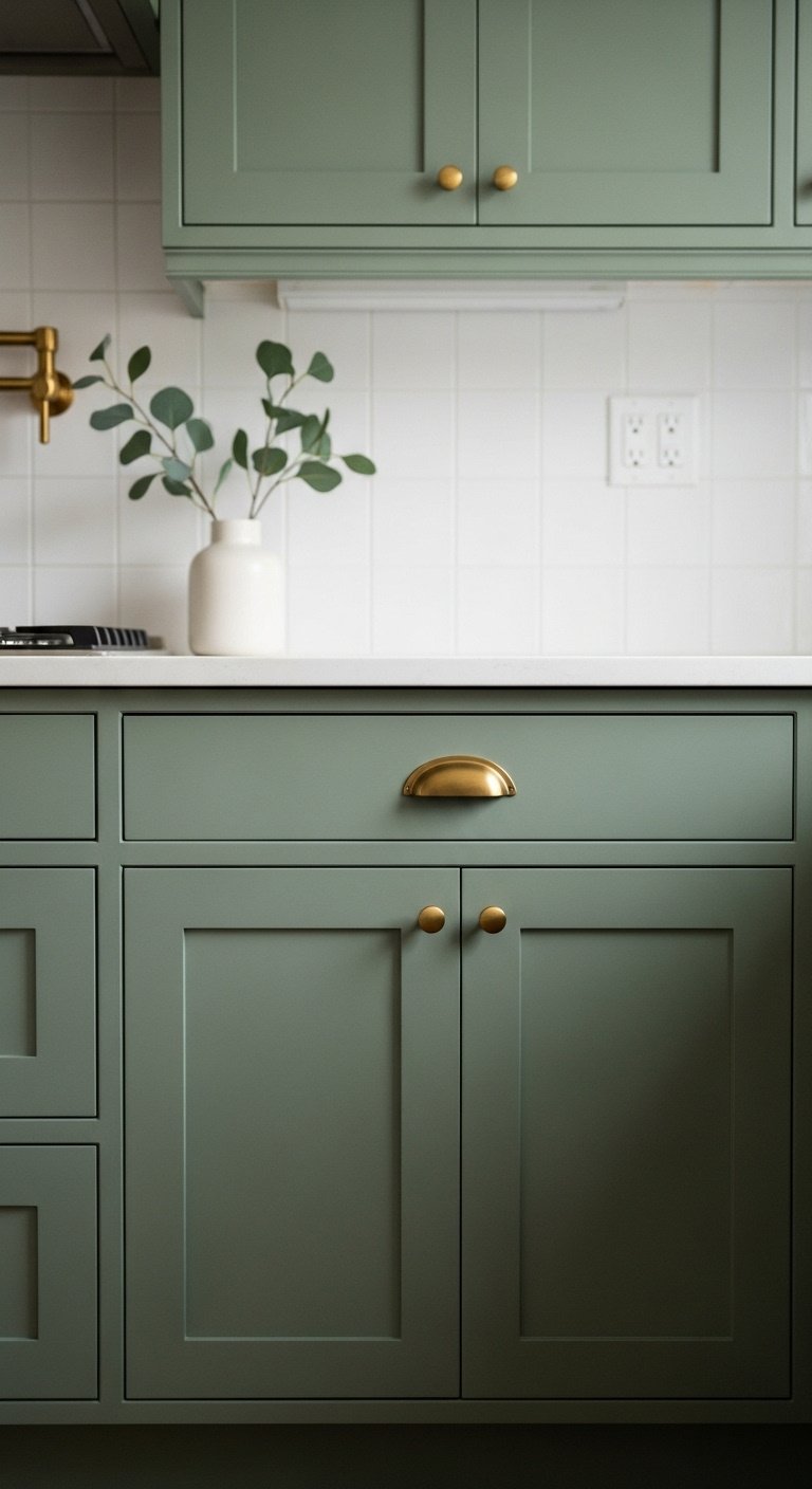Sage green cabin kitchen cabinets with warm brass hardware white tile backsplash and eucalyptus branch in natural light