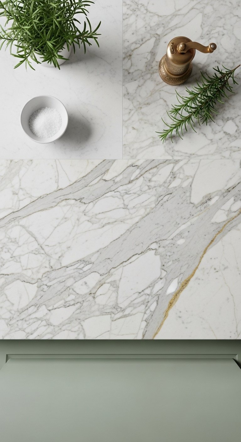 Sage green cabinet, white Calacatta marble countertop, grey and gold veining, ceramic bowl with sea salt, rosemary, brass salt grinder.