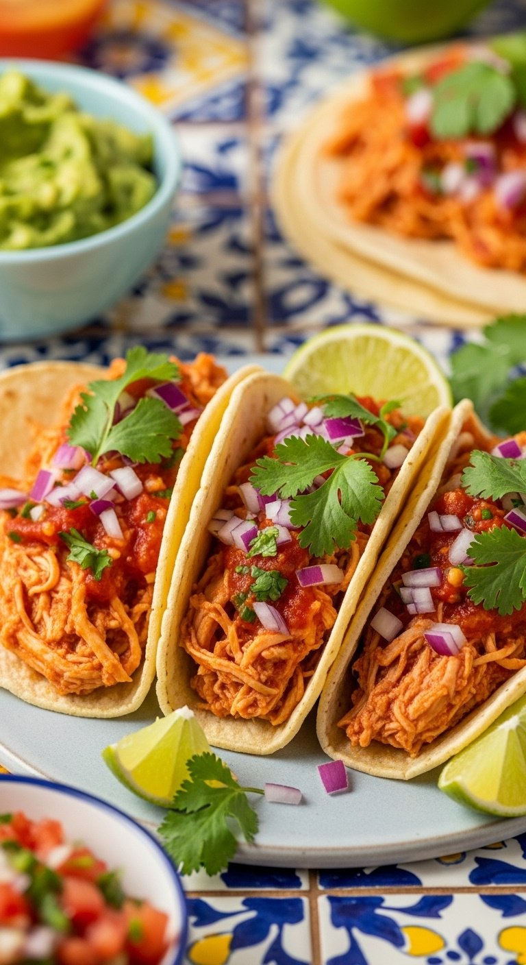 Salsa chicken tacos with cilantro onion and lime on a tiled surface with guacamole and pico de gallo