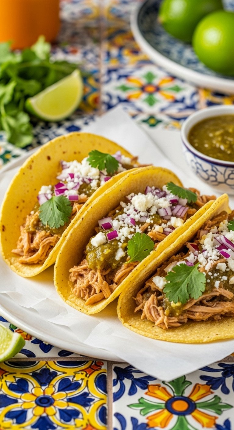 Salsa verde chicken tacos with cotija cheese red onion and cilantro on corn tortillas with lime and salsa on a tile surface
