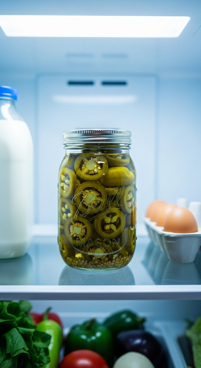 Sealed glass jar of bright green pickled jalapenos on a shelf inside a clean modern refrigerator with other fresh food items