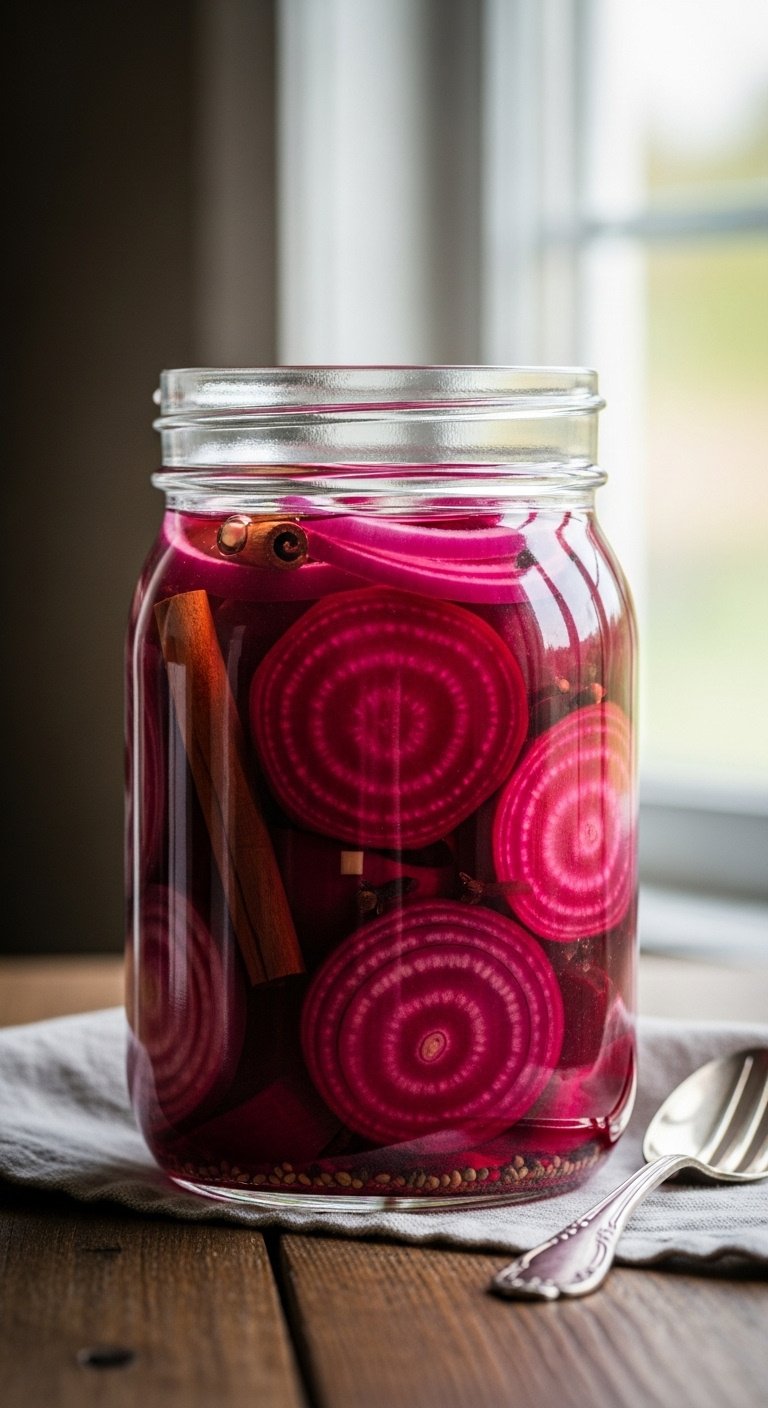 Sealed glass mason jar filled with vibrant pickled beet slices red onions and spices on a rustic wood table