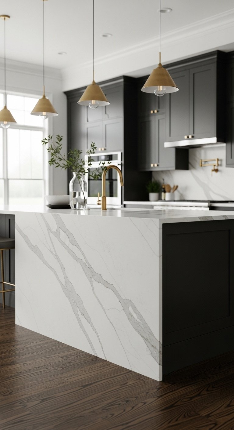 Seamless Calacatta Gold quartz waterfall island, dark hardwood floor, charcoal cabinets, brass pendant lights, glass vase with green branch.
