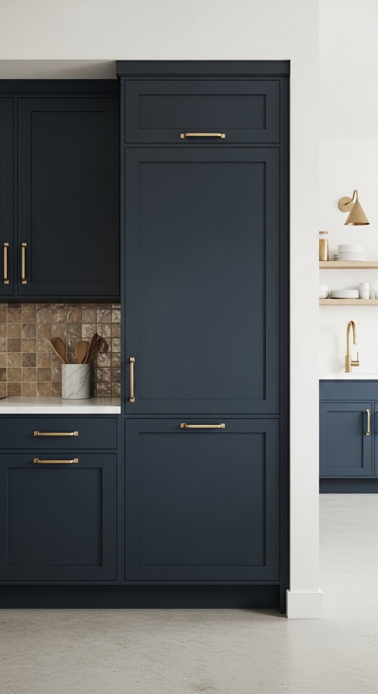 Seamless dark navy kitchen cabinets with integrated panel-ready refrigerator brushed brass handles Zellige tile backsplash and sleek brass faucet