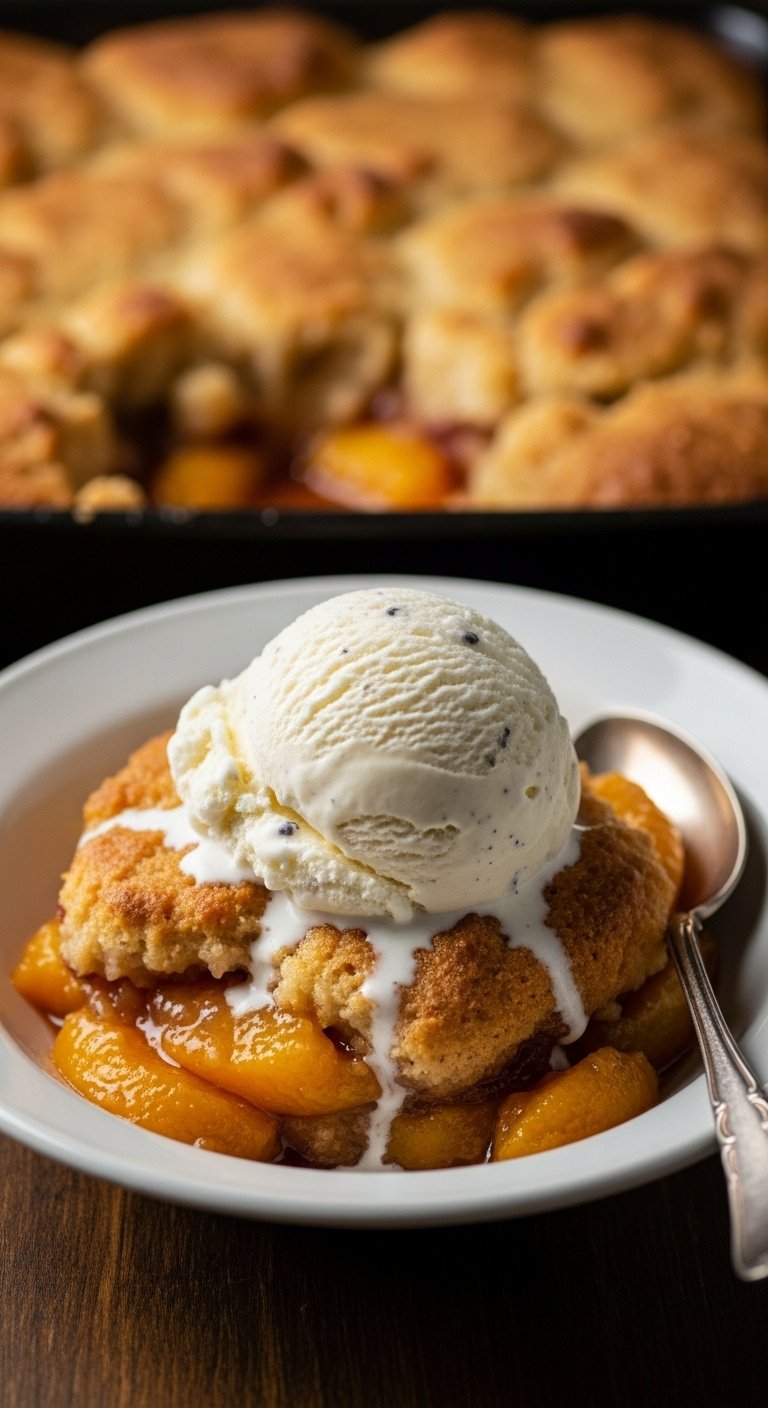 Serving of warm peach cobbler with crispy topping juicy peaches and melting vanilla ice cream in white bowl with spoon