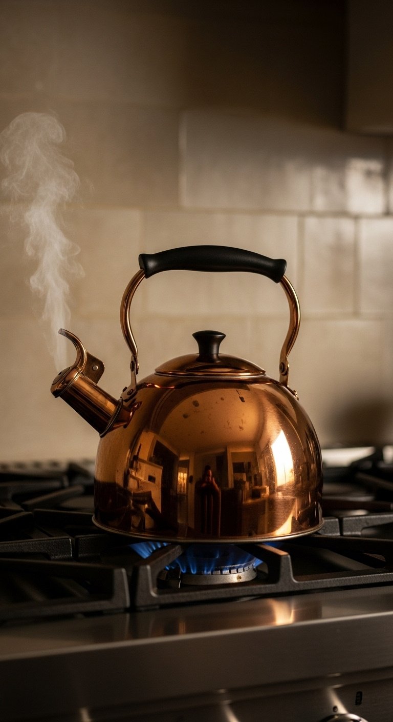 Shiny copper kettle on a dark stovetop reflecting warm light with a wisp of steam and blurred textured backsplash
