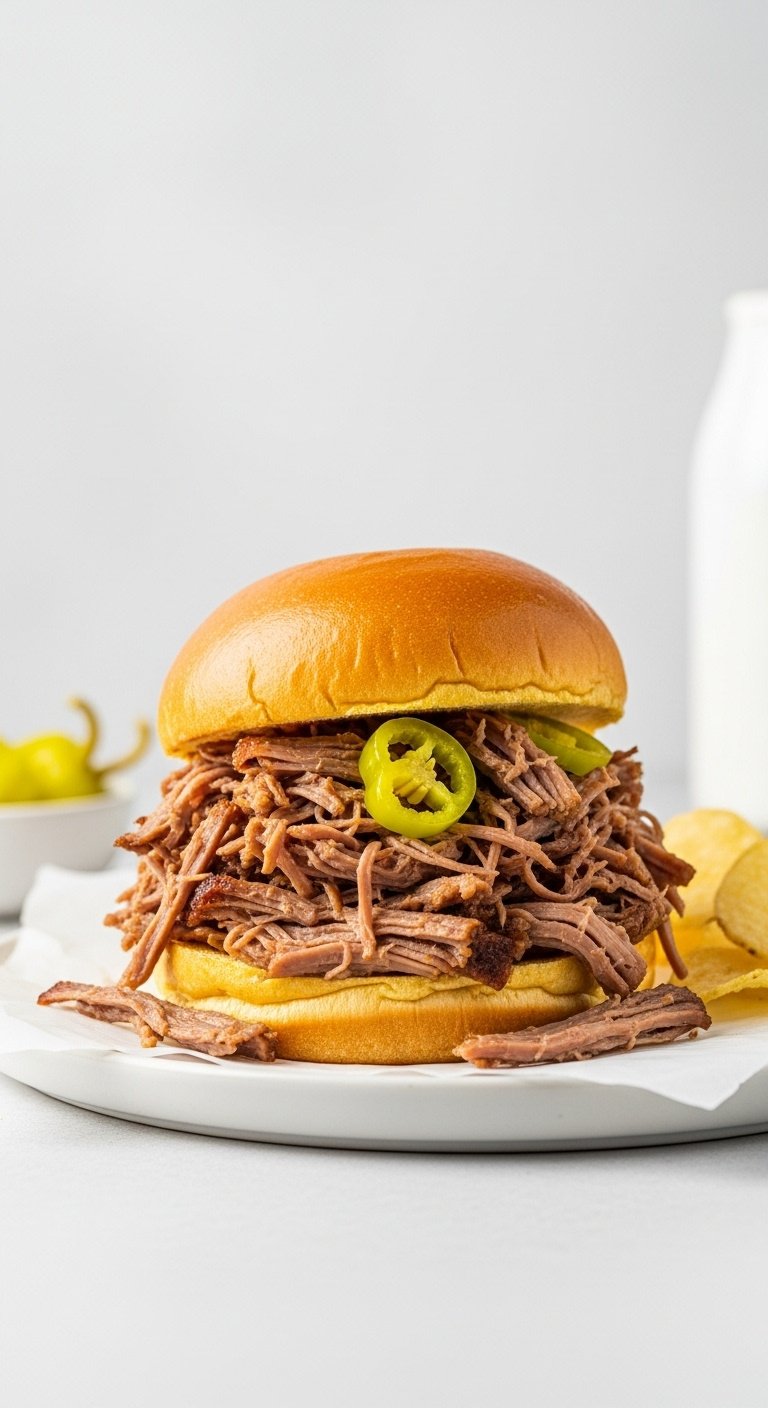 Shredded Mississippi pot roast with pepperoncini on a brioche bun with chips on a white plate