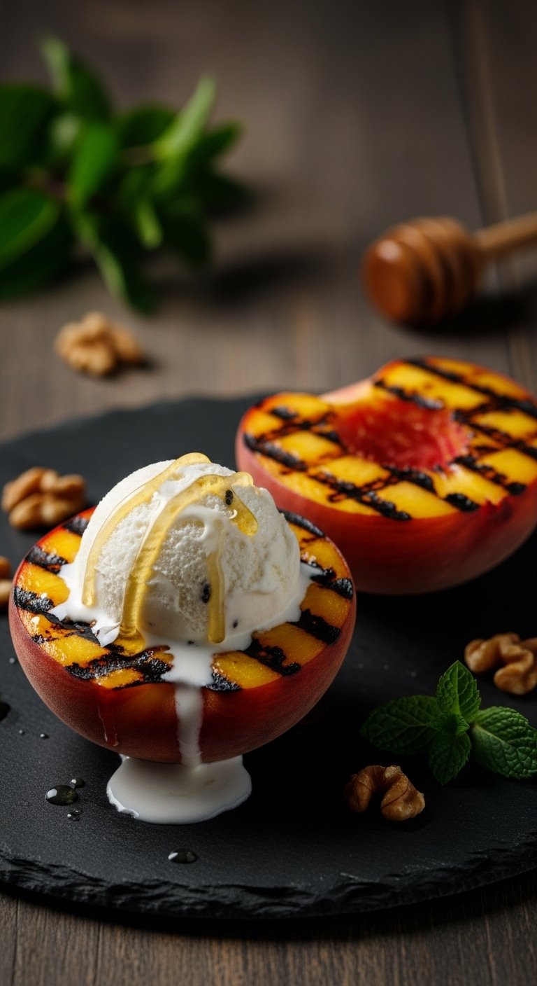 Simple grilled peaches with melting vanilla ice cream honey mint walnuts on dark slate plate with moody lighting