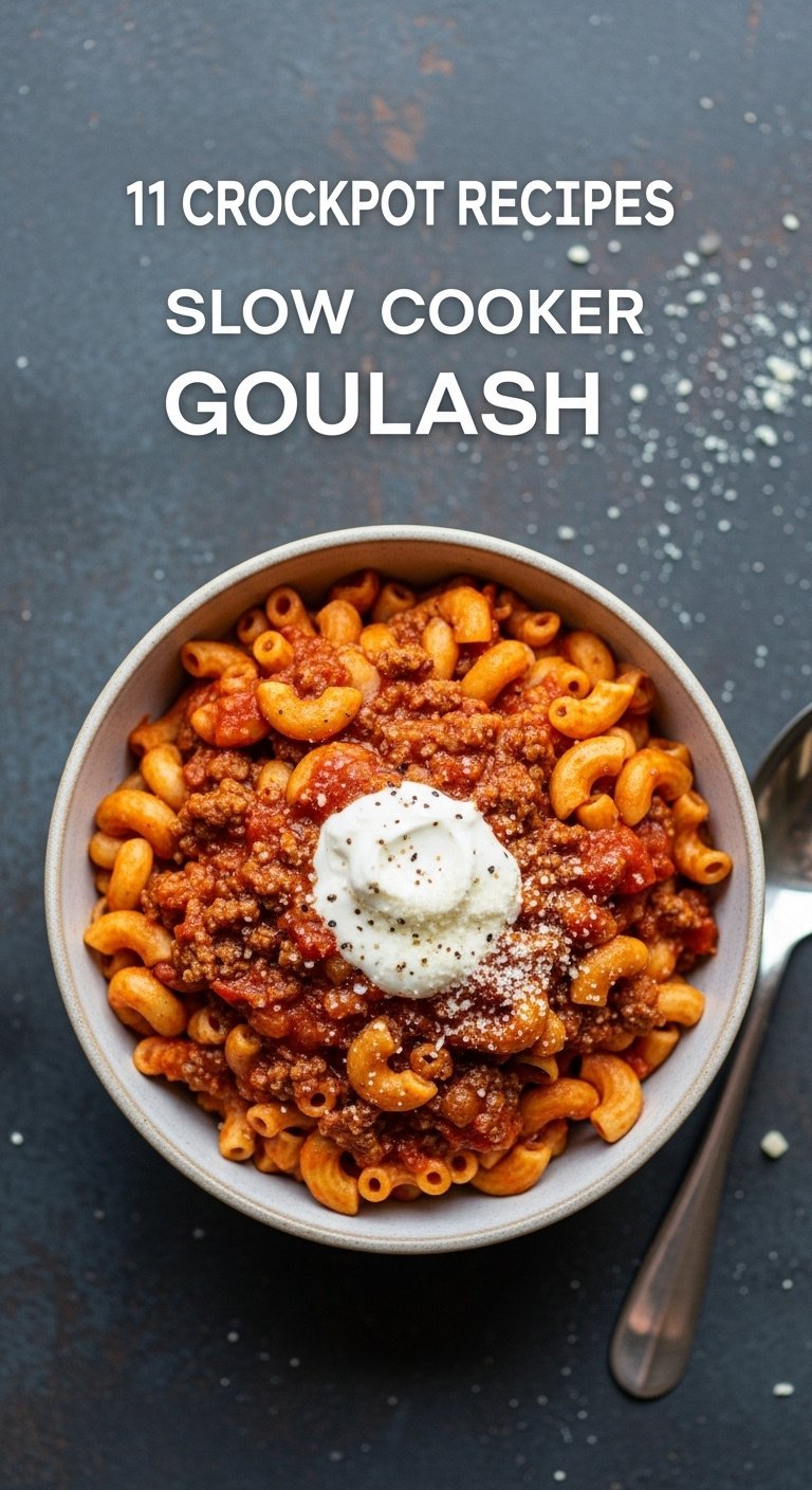 Simple slow cooker goulash with elbow macaroni ground beef and tomato sauce topped with sour cream