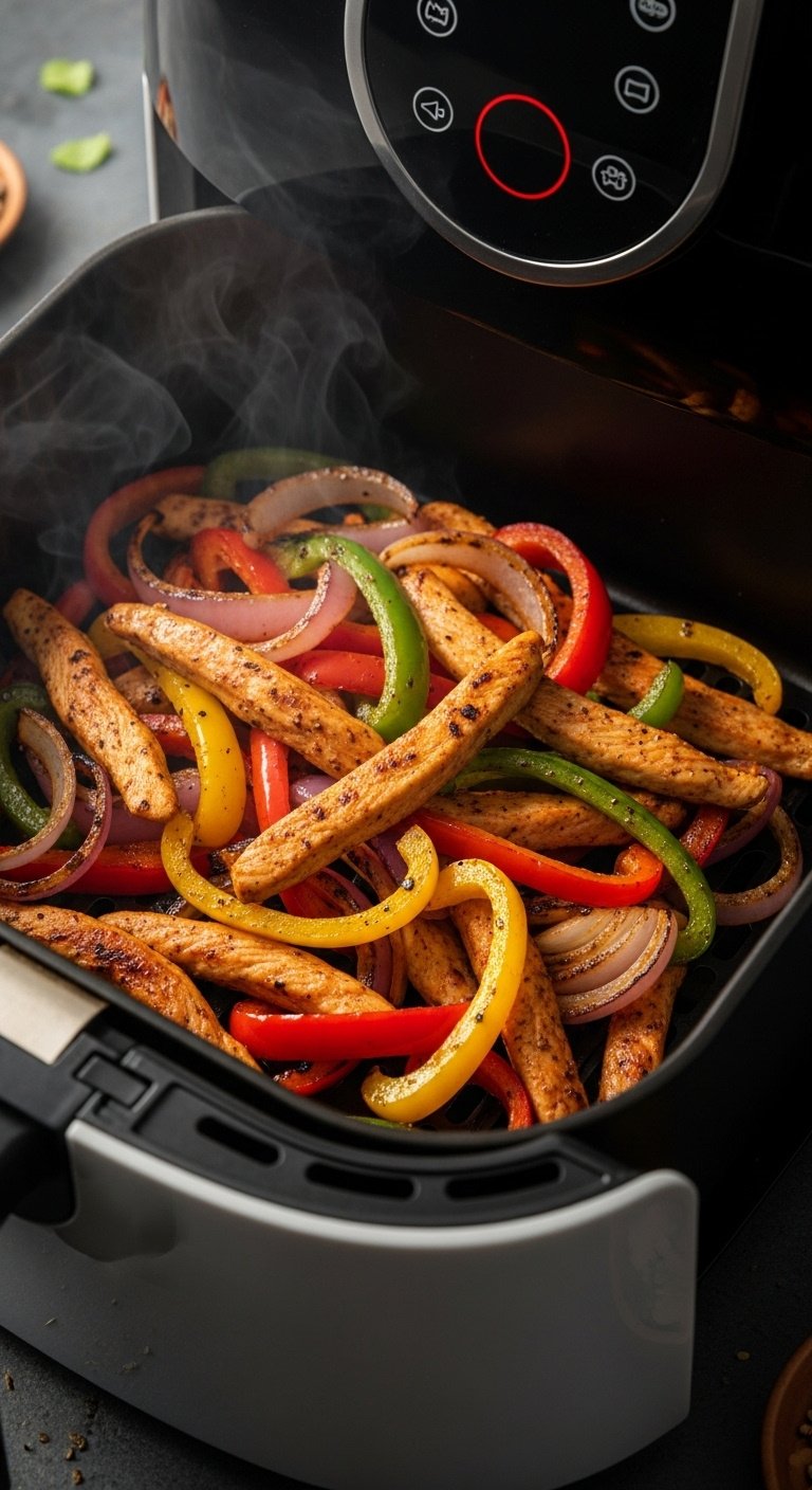 Sizzling air fryer chicken fajitas with charred bell peppers and onions in a basket with steam rising