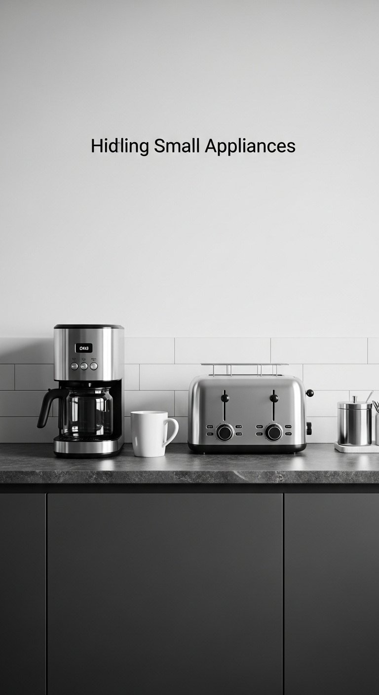 Sleek coffee maker and toaster on a dark grey quartz countertop with white mug and sugar container in minimalist studio light