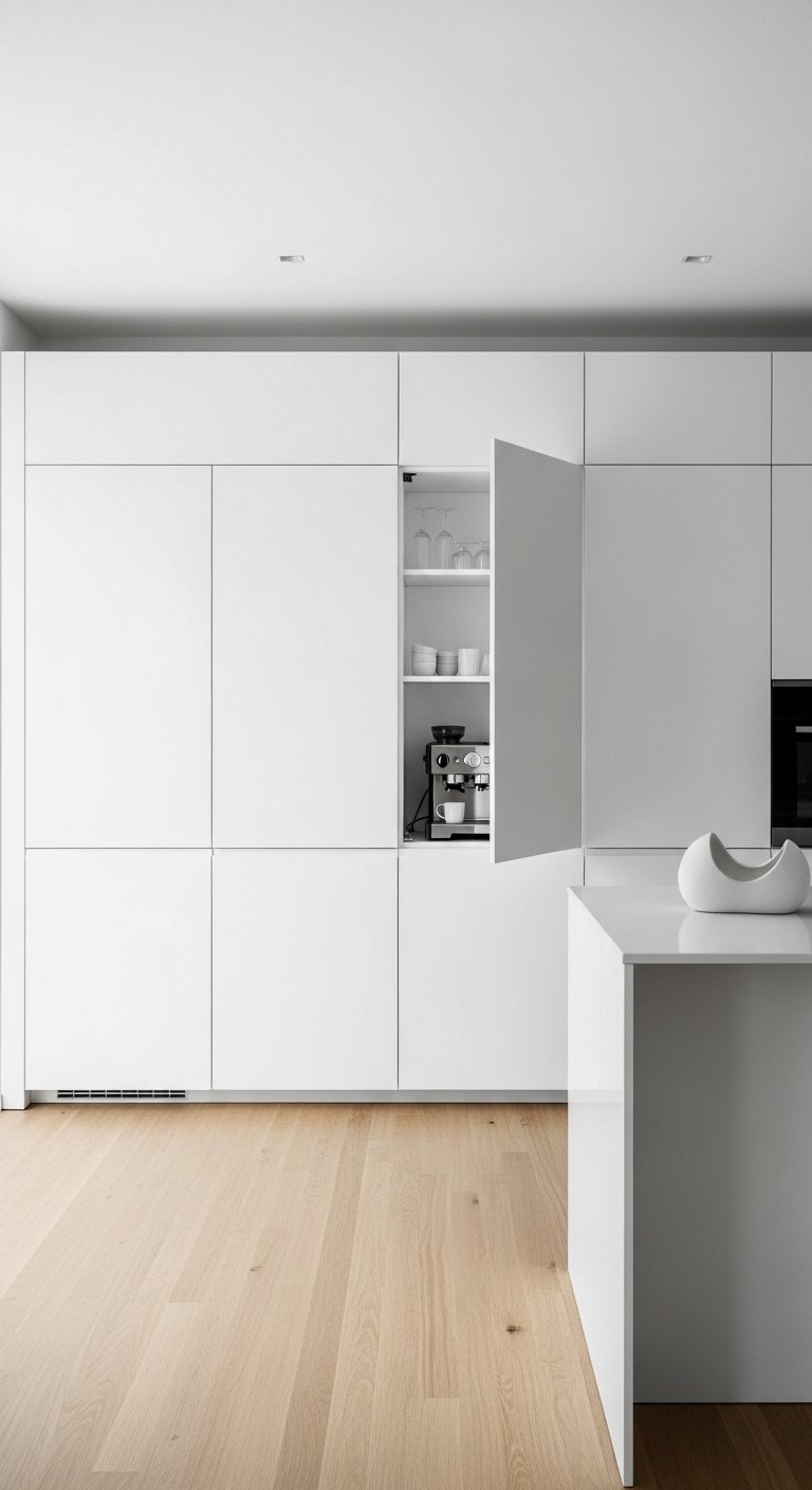 Sleek minimalist kitchen with concealed matte white cabinetry a hidden coffee station and light oak floor