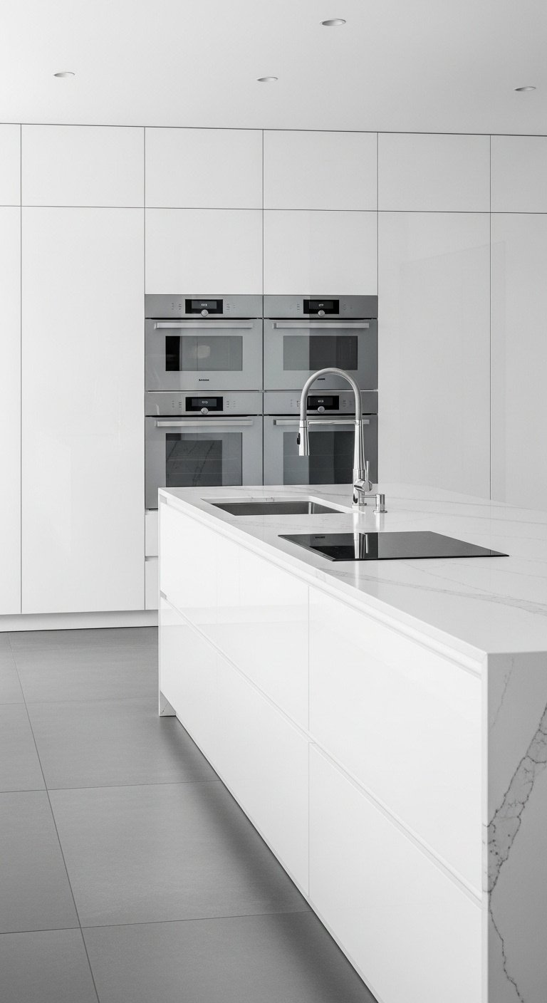 Sleek modern kitchen, glossy white flat-panel cabinets, Calacatta Gold quartz, chrome faucet, induction cooktop, gray porcelain floor.