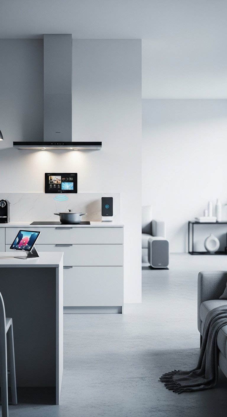 Sleek open concept kitchen living room with smart home technology integrated lighting quiet range hood discreet speaker