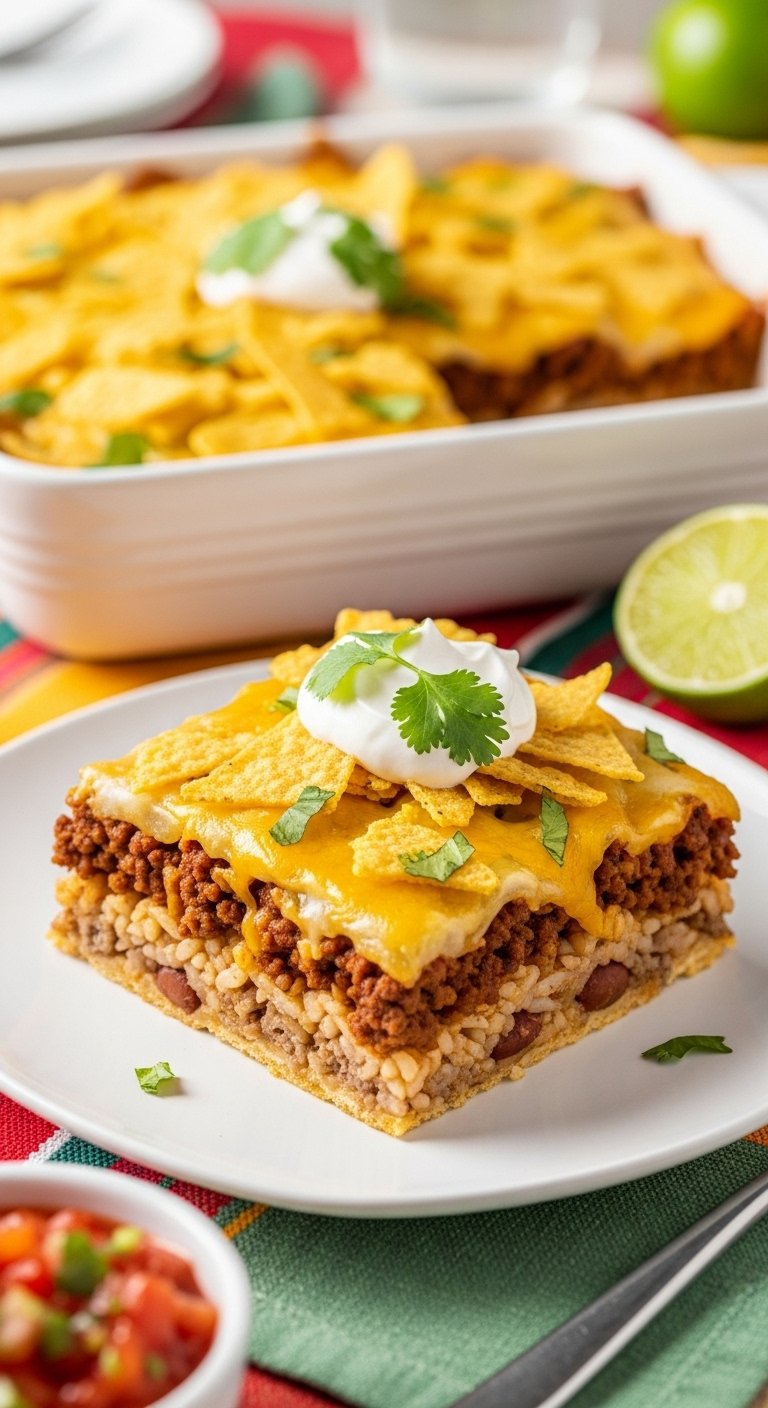 Slice of taco casserole with ground beef rice beans melted cheese sour cream cilantro on a white plate with salsa and lime wedge on a colorful tablecloth
