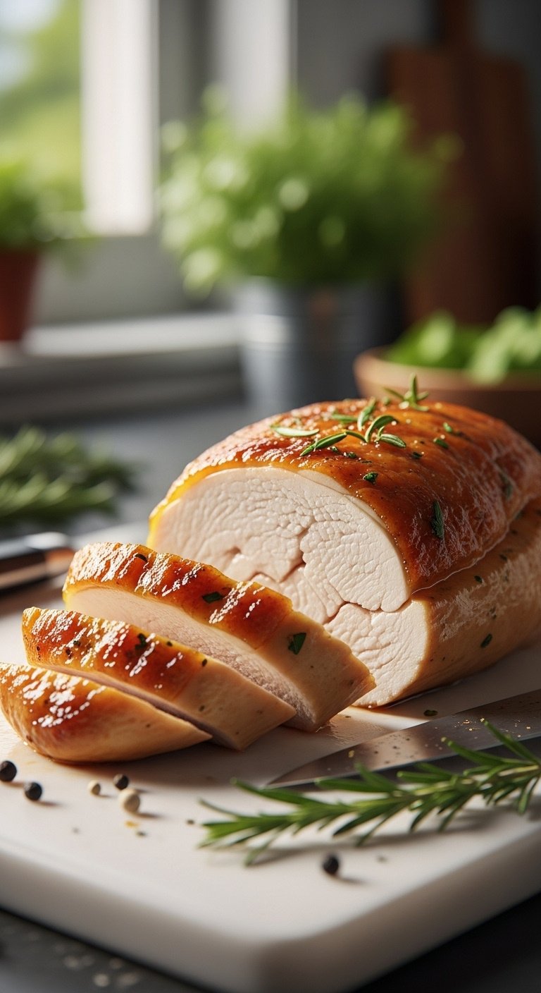 Sliced air fryer chicken breast revealing juicy interior with rosemary and peppercorns on a white cutting board in natural light