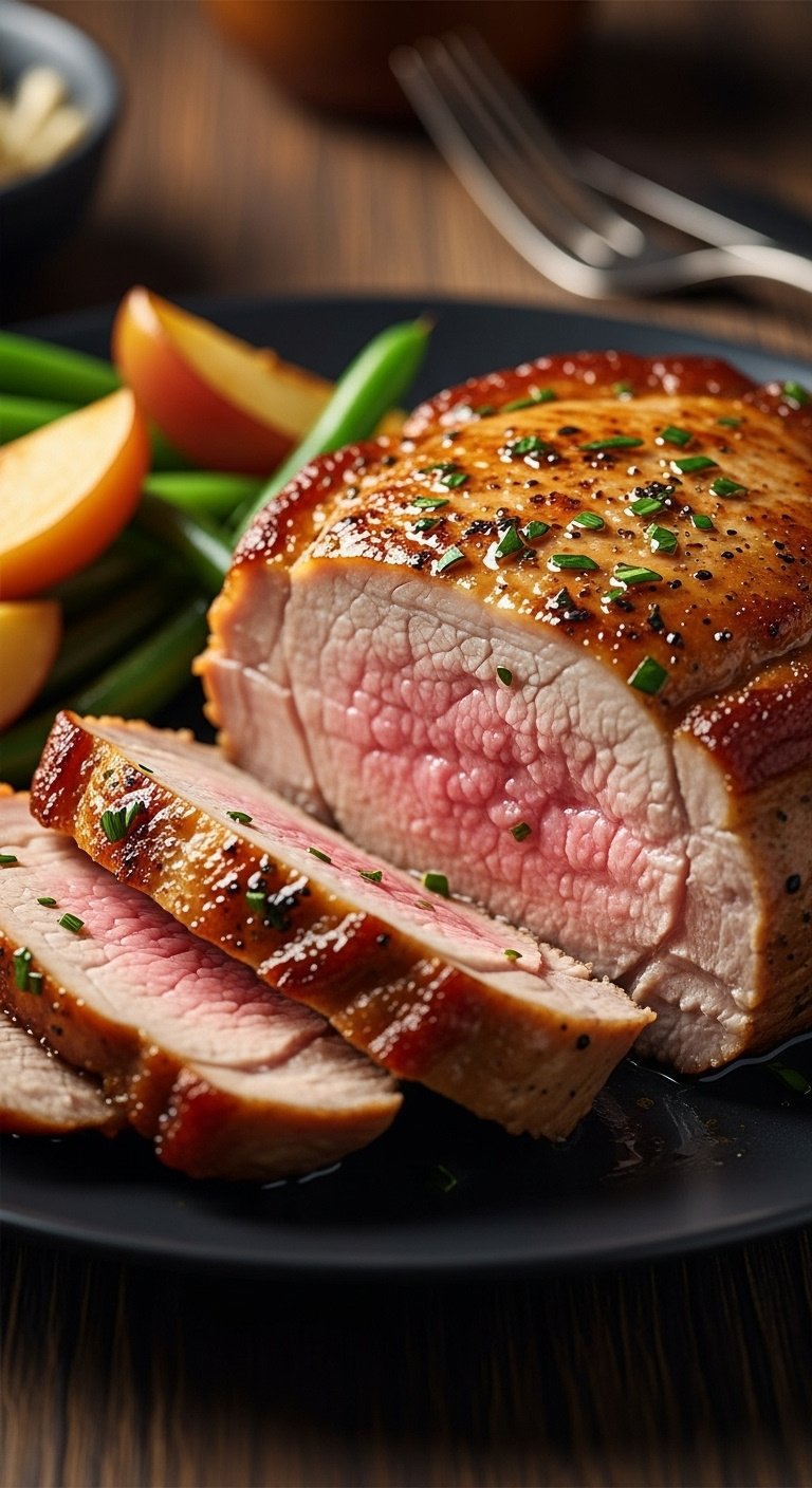 Sliced air fryer pork chop revealing juicy interior on a dark plate with roasted apples and green beans on a rustic wood table