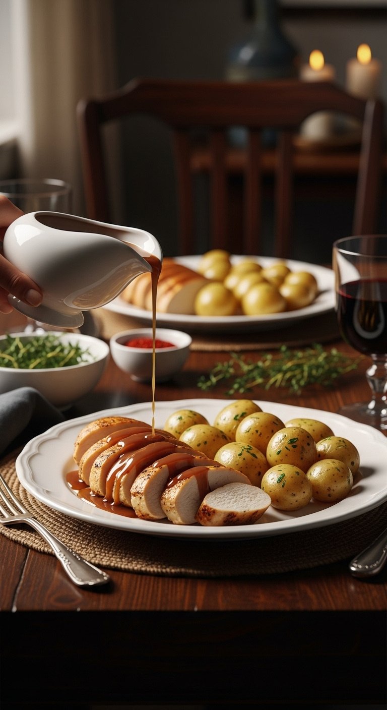 Sliced chicken breast and baby potatoes with gravy on a white plate with a fork and thyme on a dark wood table