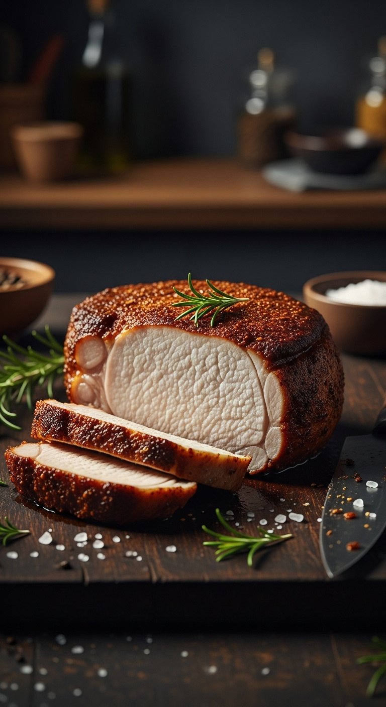 Sliced juicy air fryer pork chop with caramelized crust, rosemary, and sea salt on a rustic wooden cutting board