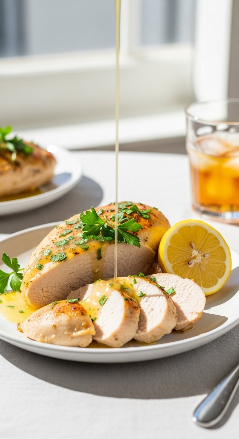 Sliced lemon herb chicken breast with lemon and parsley on a white plate with a fork and iced tea