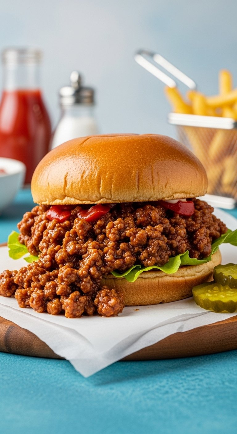Sloppy Joe sandwich on toasted brioche bun with ground beef spilling out on parchment paper with side of pickles and French fries in background