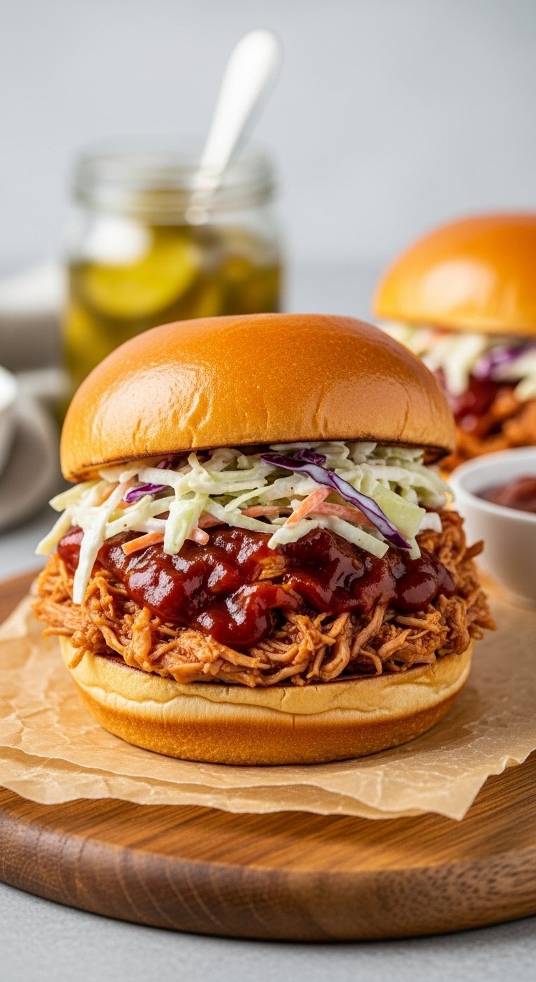 Slow cooker BBQ pulled chicken sandwich with coleslaw on a brioche bun with pickles and extra sauce