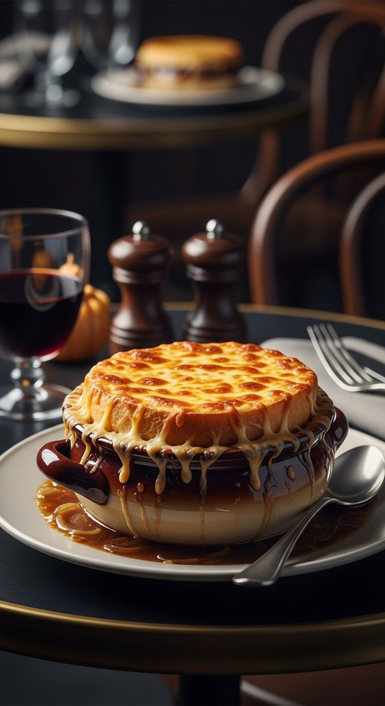 Slow cooker French onion soup in a ceramic crock with melted Gruyere cheese and bread on a bistro table