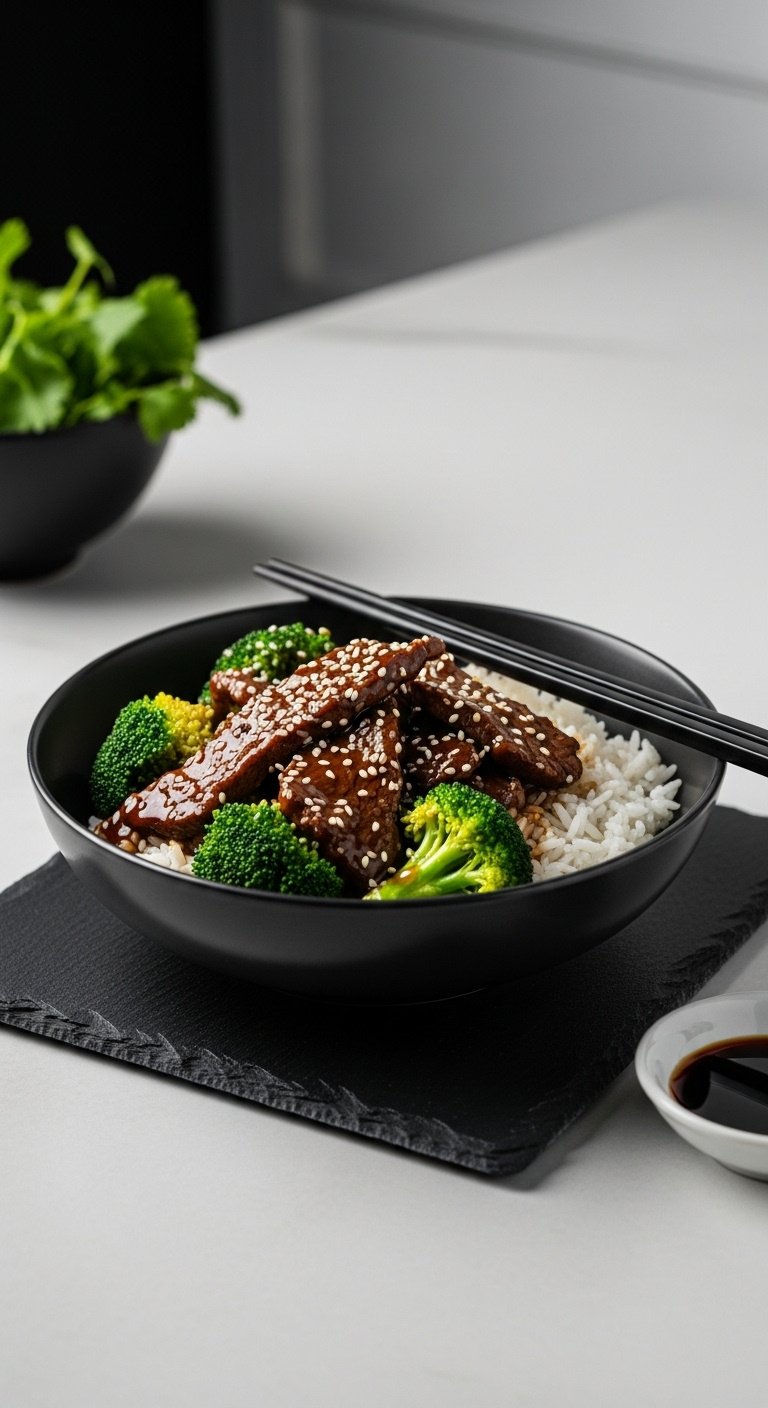 Slow cooker beef and broccoli over rice in a dark bowl with chopsticks and soy sauce on a slate placemat