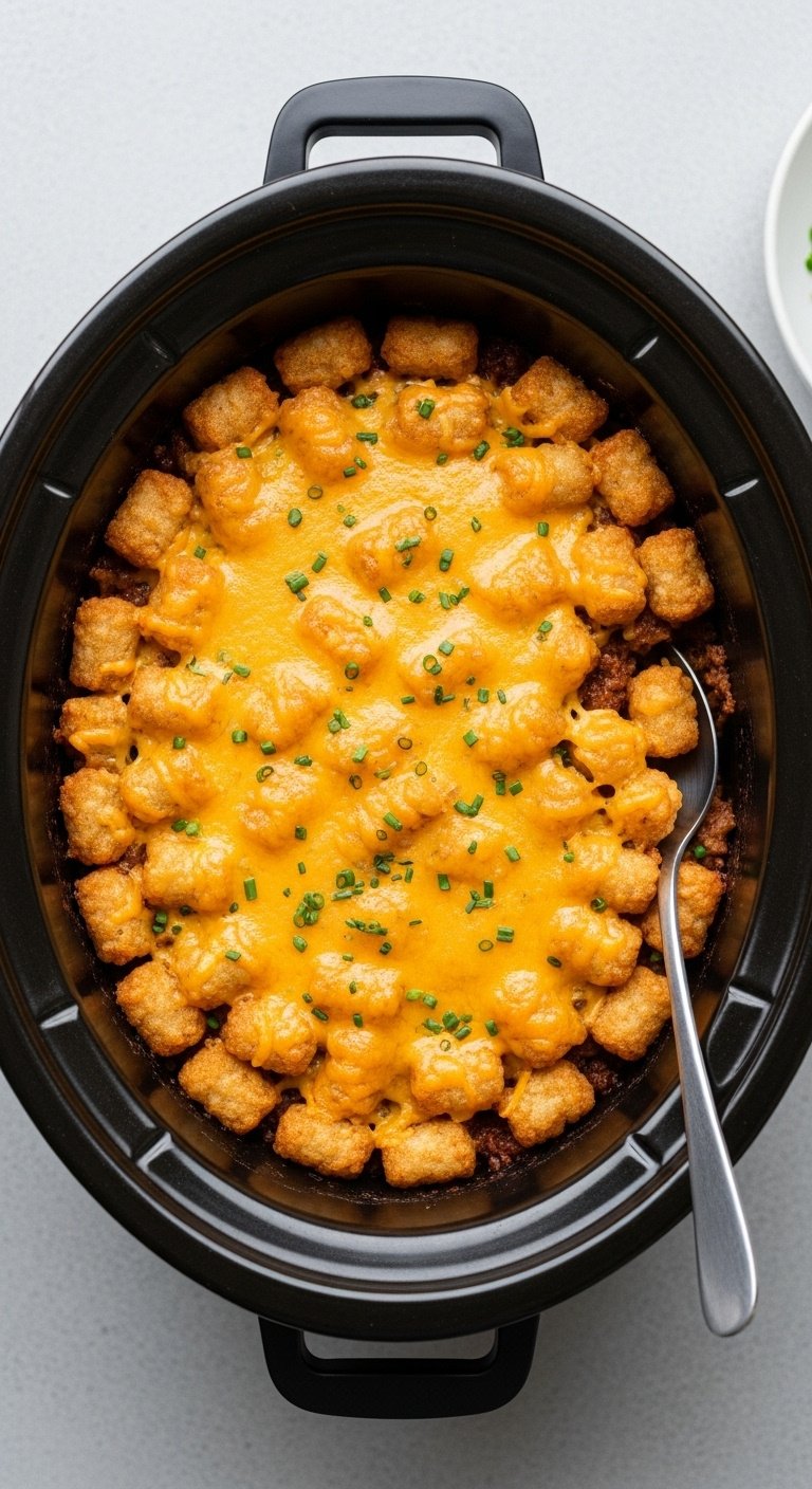 Slow cooker cowboy casserole with tater tots melted cheddar cheese and chives in a black ceramic insert