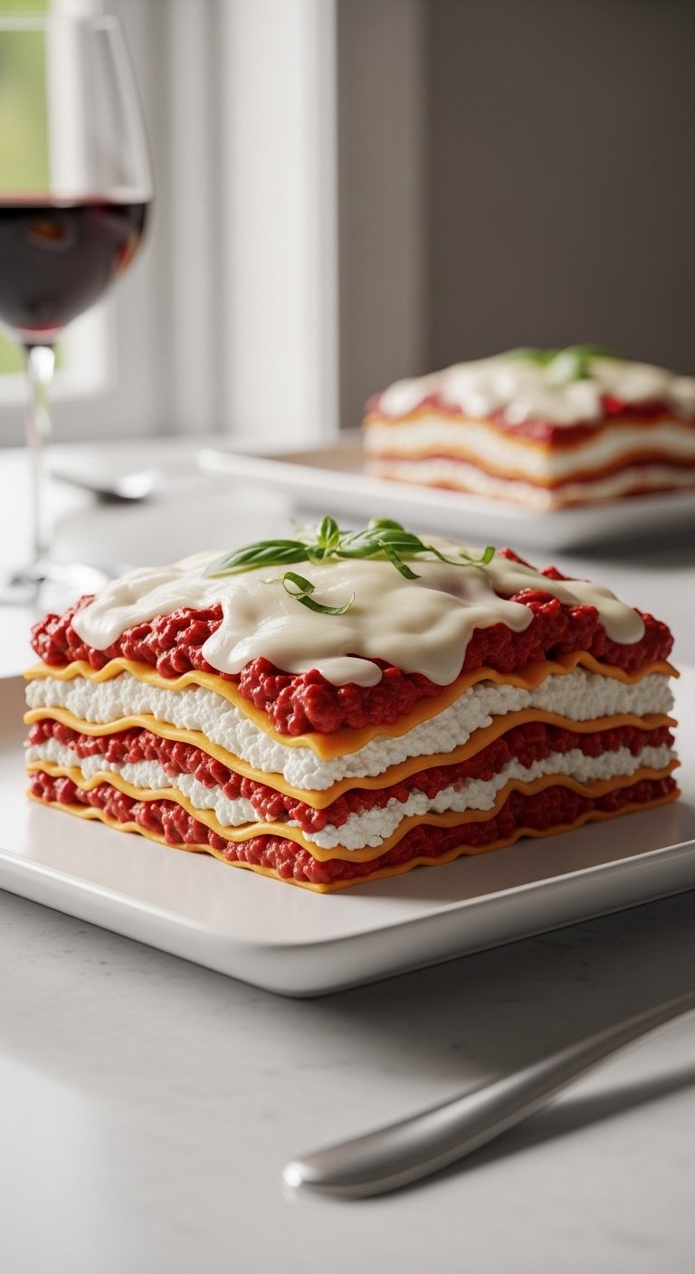 Slow cooker no-boil lasagna slice with meat sauce ricotta and melted mozzarella cheese topped with basil