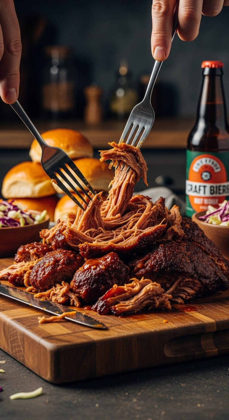 Slow cooker pulled pork being shredded on a cutting board with coleslaw buns and beer in background