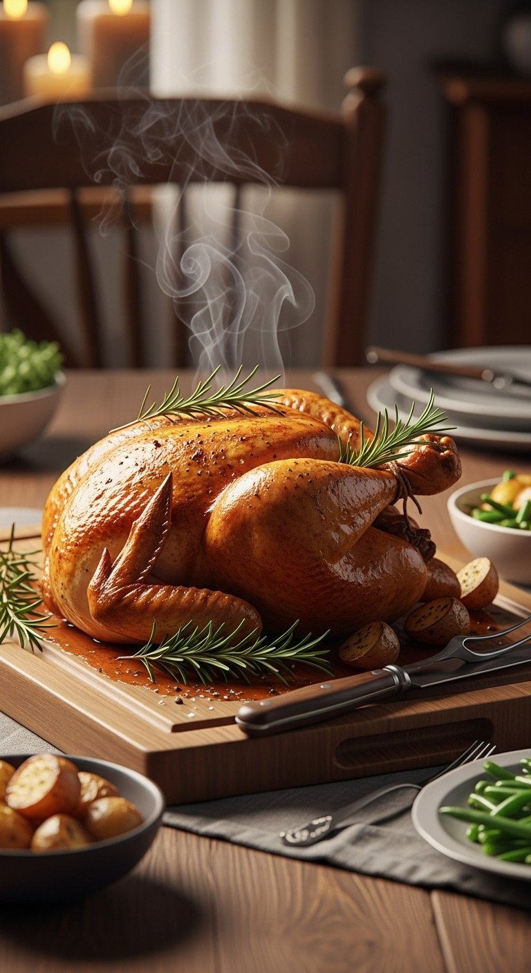 Slow cooker whole rotisserie chicken with rosemary on a carving board with knife fork potatoes and green beans