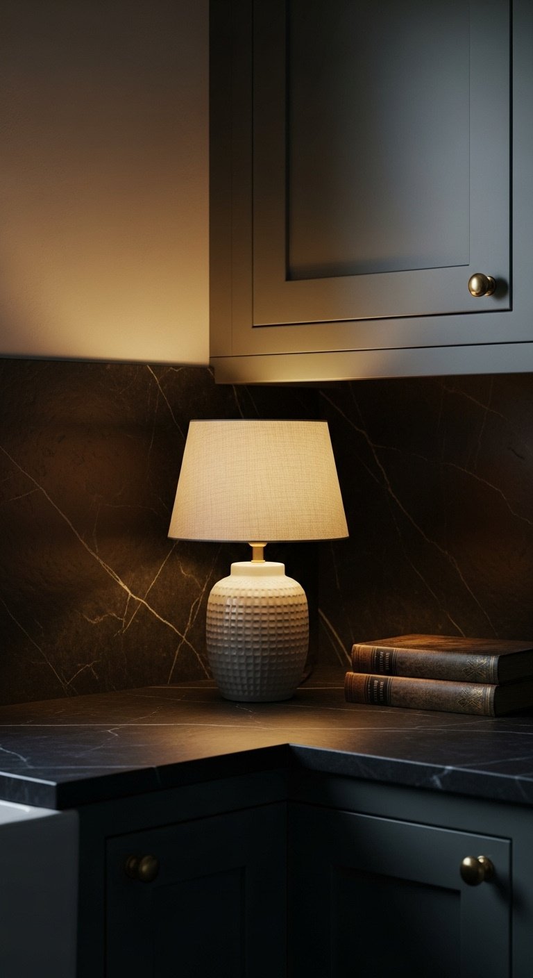 Small accent lamp with cream ceramic base and linen shade glowing in dark soapstone kitchen corner with antique cookbooks