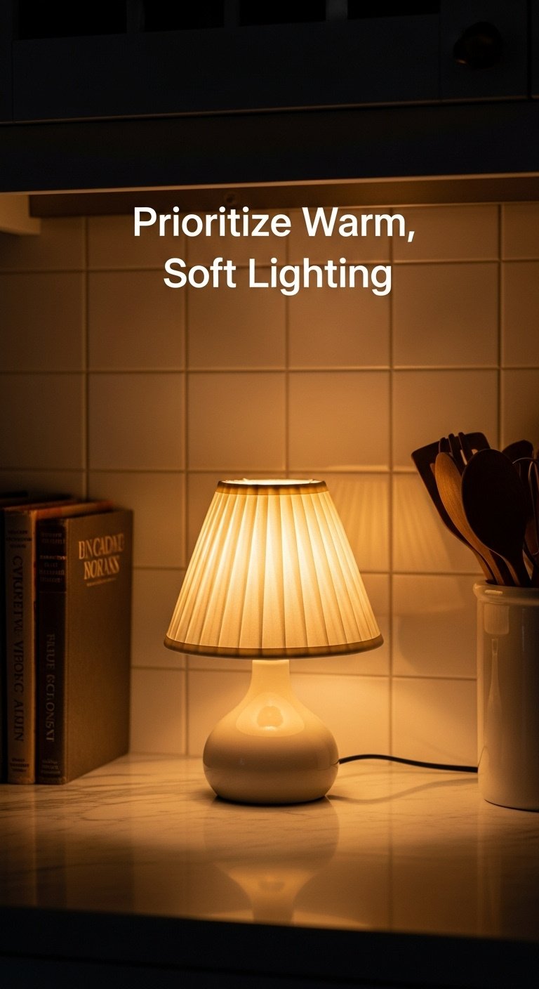 Small lamp with pleated fabric shade, warm glow, marble countertop, vintage cookbook, wooden utensil crock, soft light reflection.