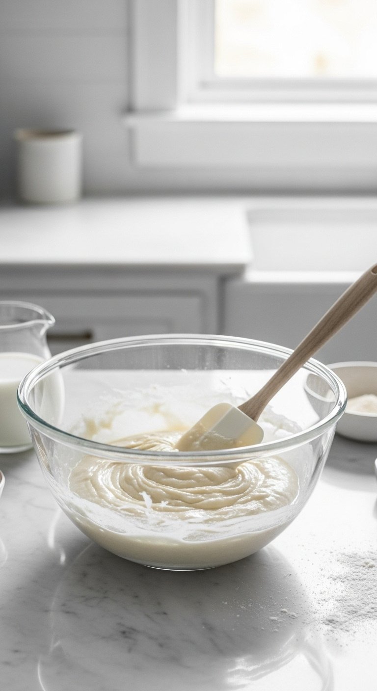 Smooth creamy white cobbler batter in a glass mixing bowl with silicone spatula on a clean marble countertop