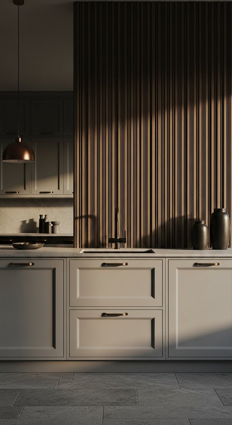 Sophisticated kitchen with fluted dark wood accent wall gray cabinets satin brass handles and matte black faucet