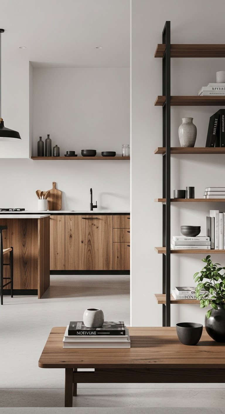 Sophisticated open concept kitchen living room with repeating natural wood and dark metal material themes for harmonious aesthetic