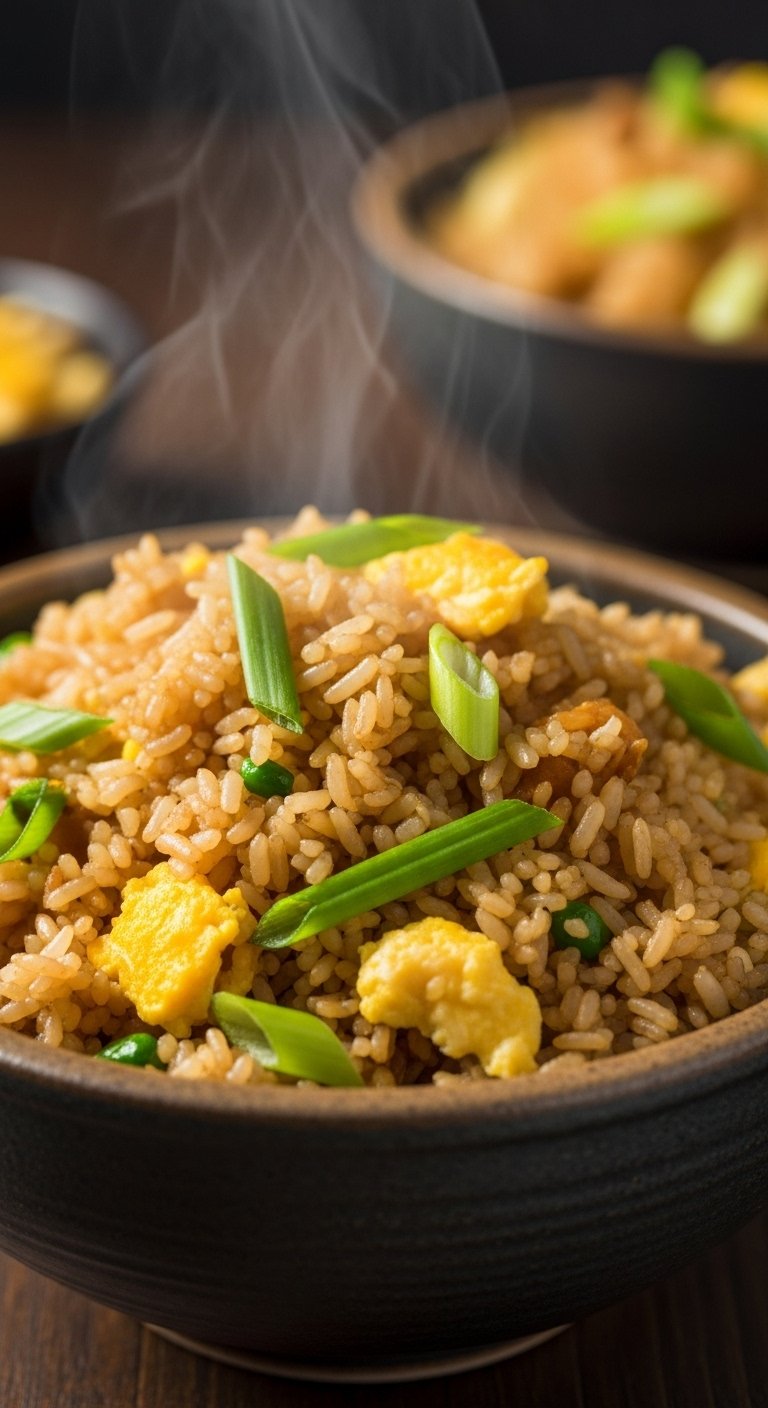 Soy sauce fried rice with scrambled egg and green onions in a rustic dark bowl