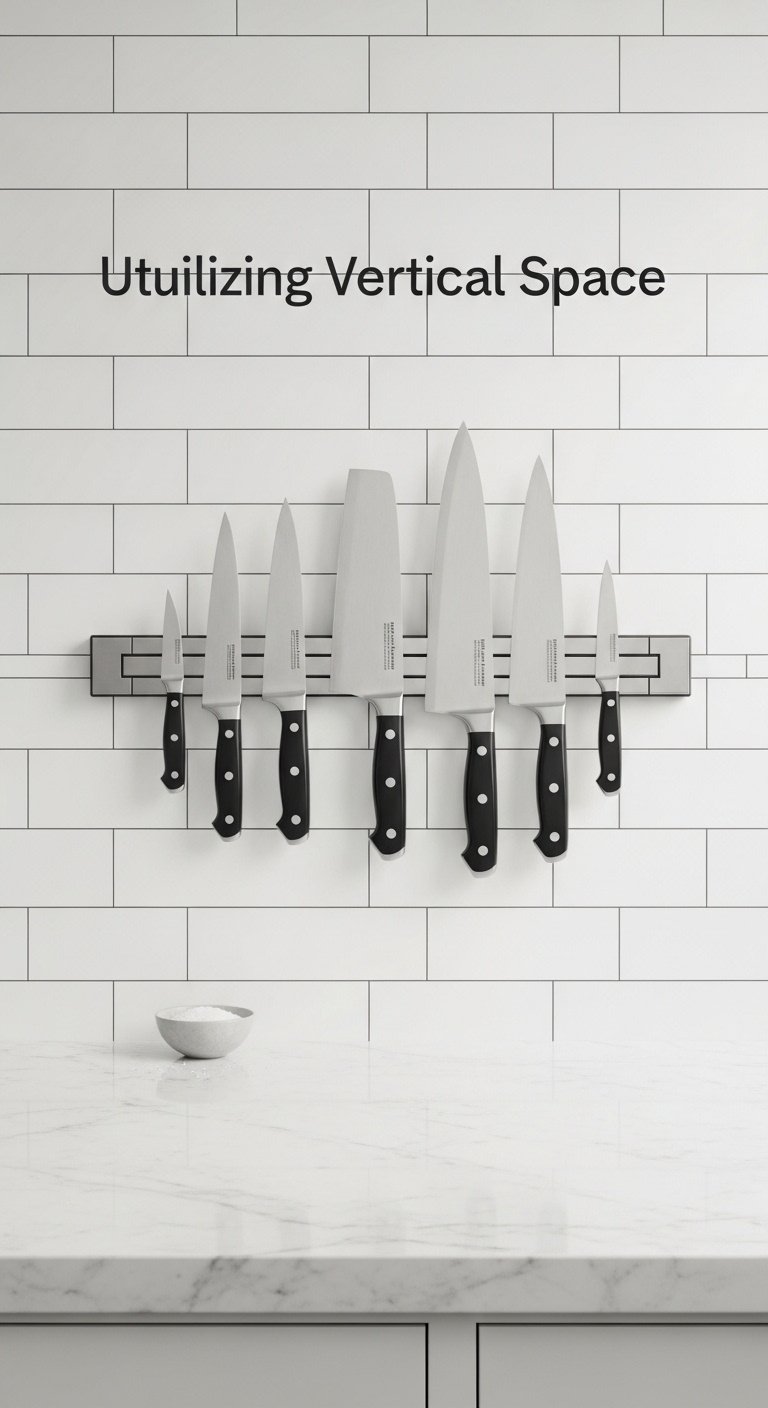 Stainless steel magnetic knife strip with professional knives on white subway tile backsplash above a clean marble countertop