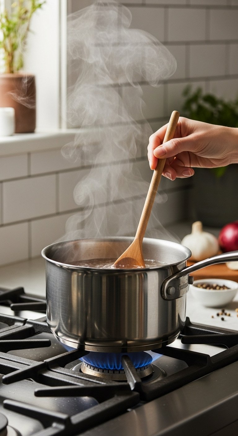 Stainless steel saucepan on stovetop with wooden spoon stirring clear pickling brine and steam rising in kitchen