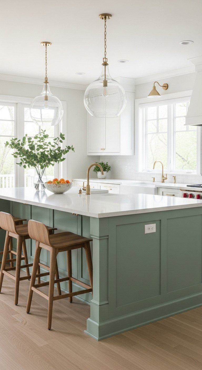 Statement kitchen island in sage green, white quartz countertop, wooden bar stools, glass fruit bowl, pendant lights, white cabinets.