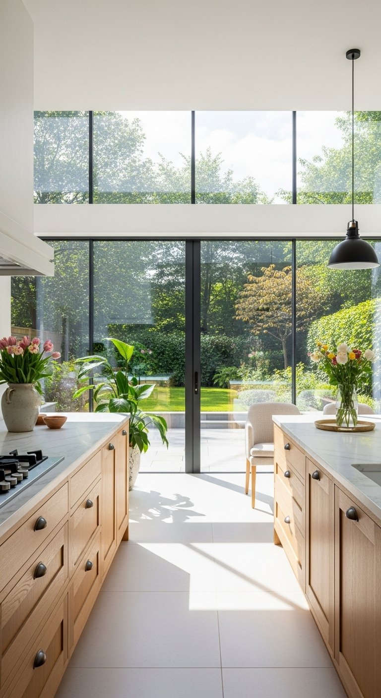 Stunning bright kitchen maximizing natural light with floor to ceiling windows light oak cabinetry and garden view