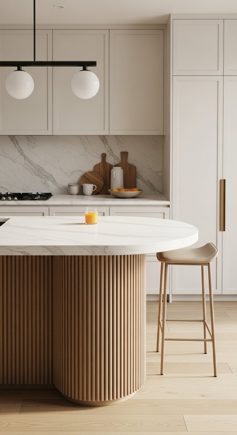 Stunning modern kitchen with gracefully curved fluted wood island and white marble countertop